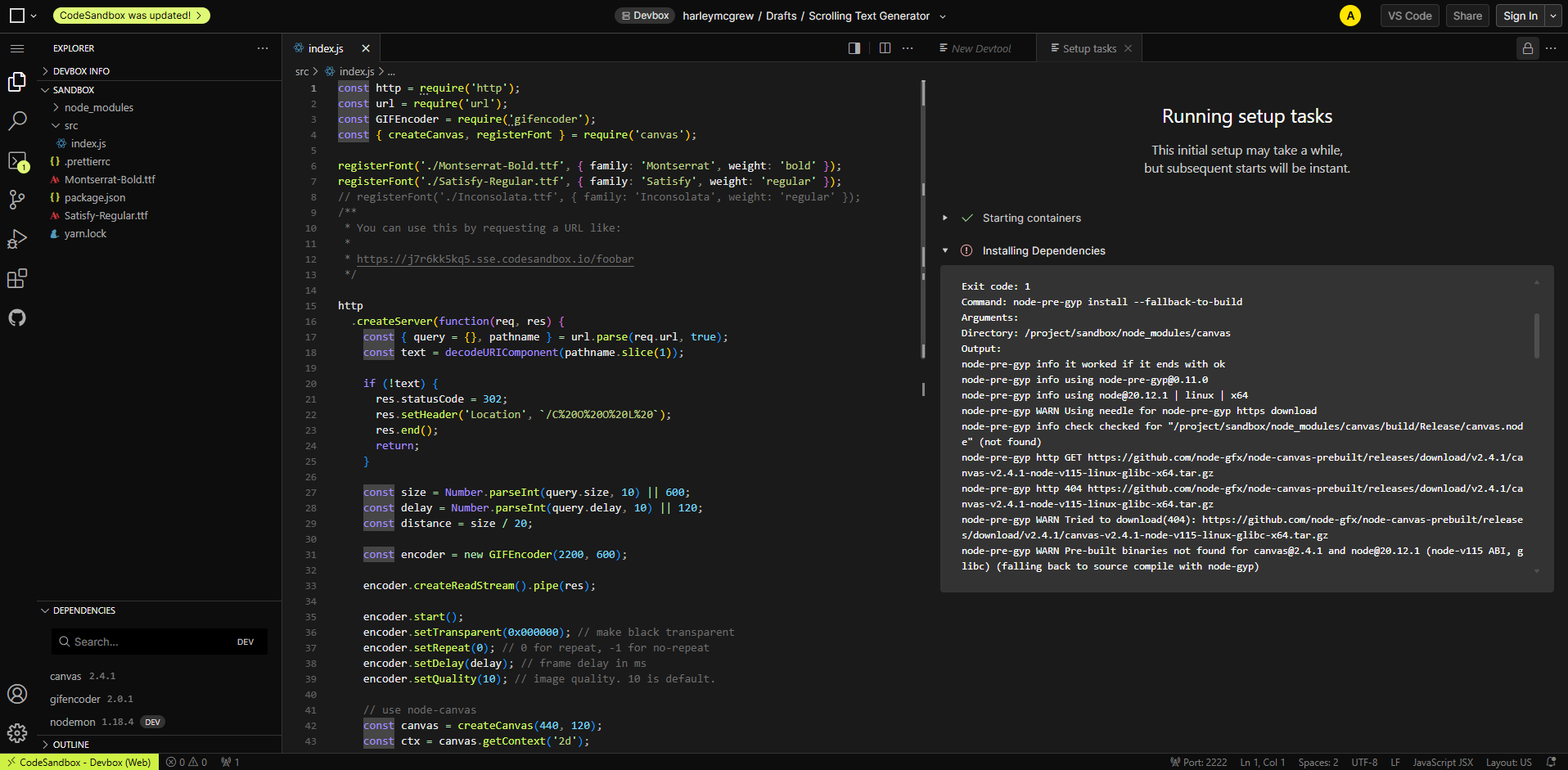 Interface of CodeSandbox - a user-friendly scrolling text maker