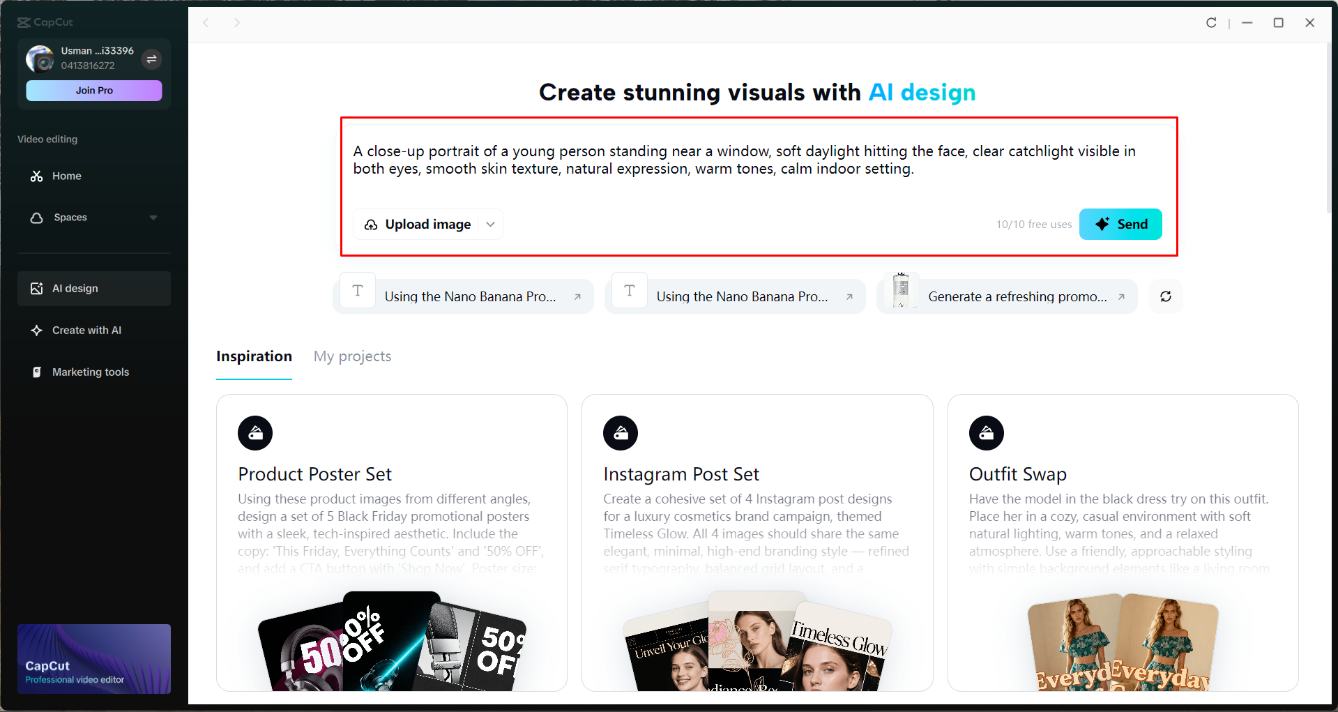 Accessing the AI design tool in the CapCut desktop video editor