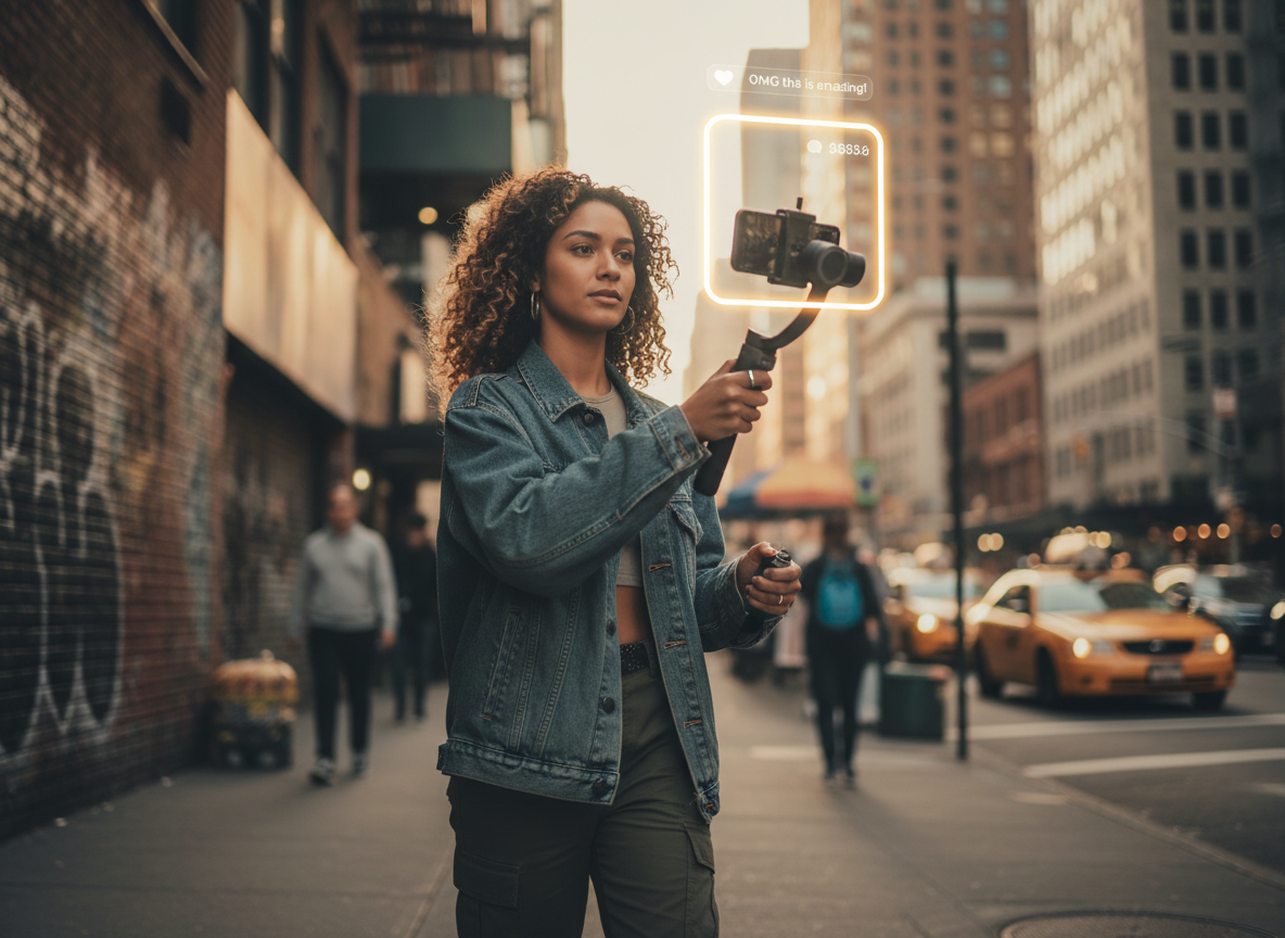 Creatore che filma scene urbane con inquadrature dinamiche e riferimenti video sociali.