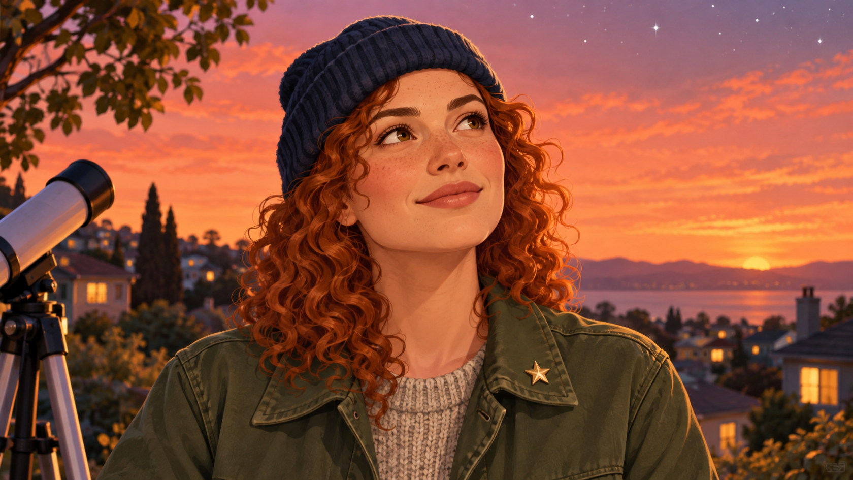 An original fictional adult stargazer portrait with a navy beanie copper curls and a clear coral silhouette