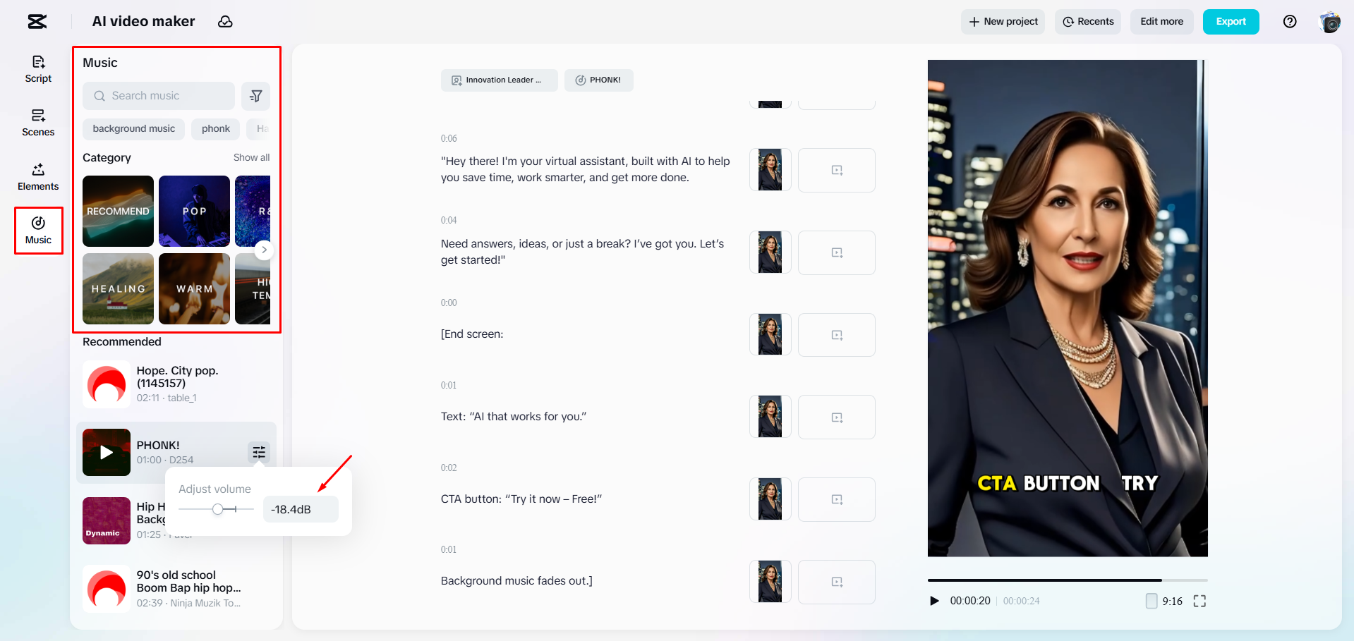 Adding background music to a video with CapCut Web
