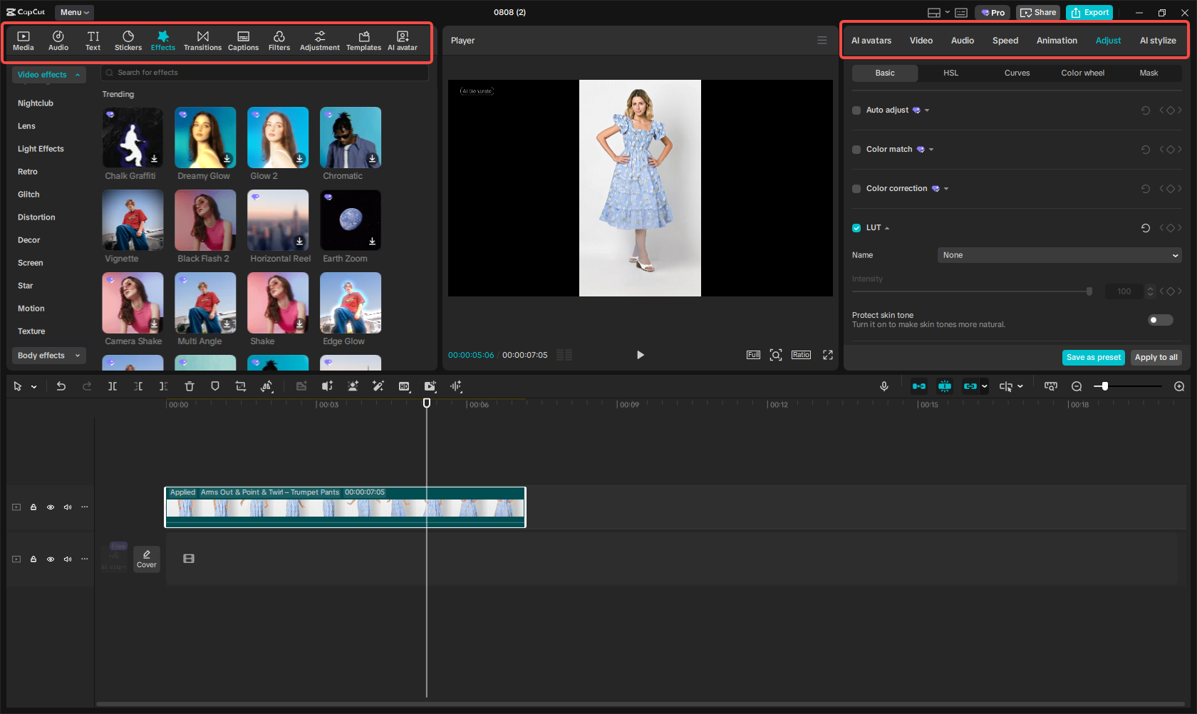 Editing the virtual try-on video in CapCut