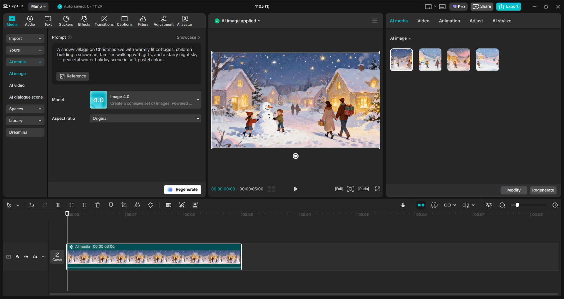 Interface of the CapCut desktop video editor - a tool to generate Christmas Eve images