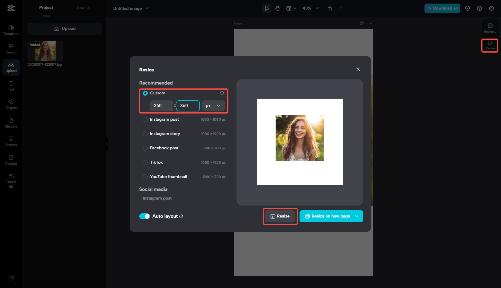 Resizing the Facebook profile photo in CapCut
