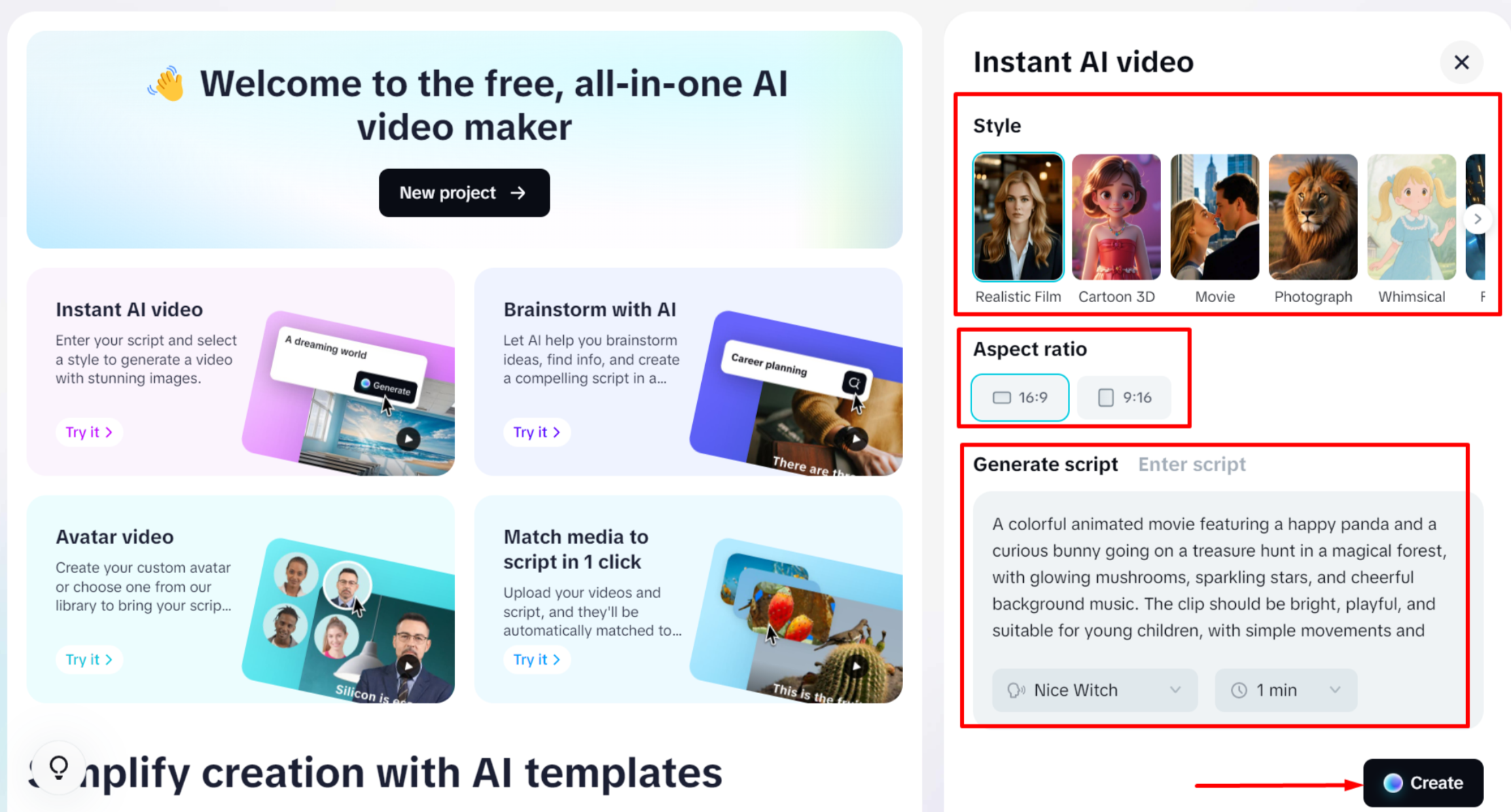 Entering the prompt in CapCut's AI video maker