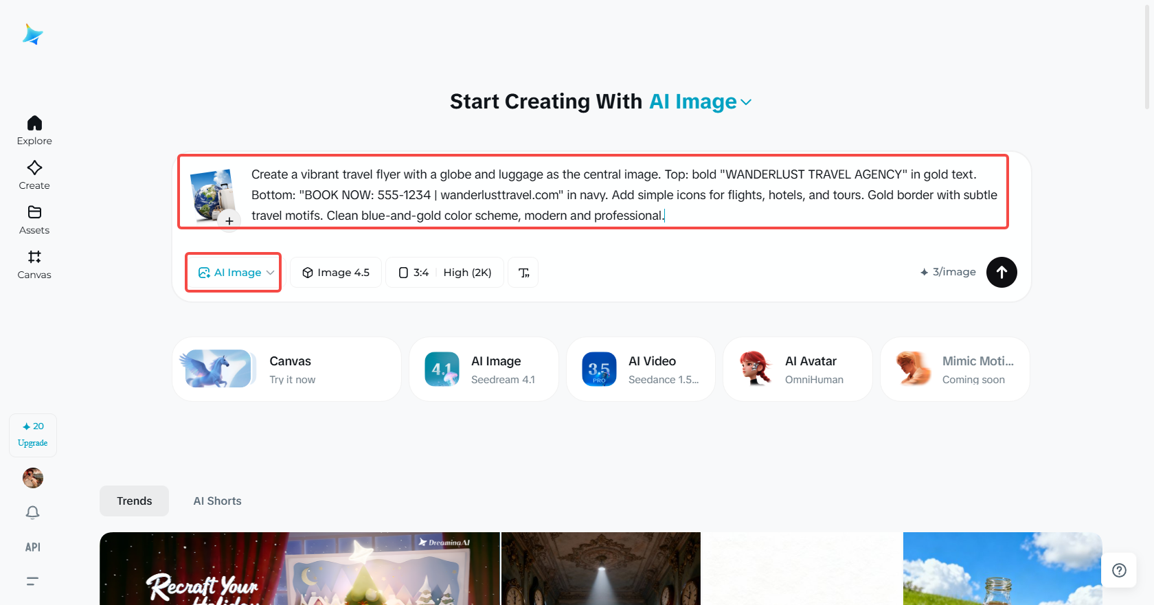 Accessing the "AI Image" feature in Dreamina
