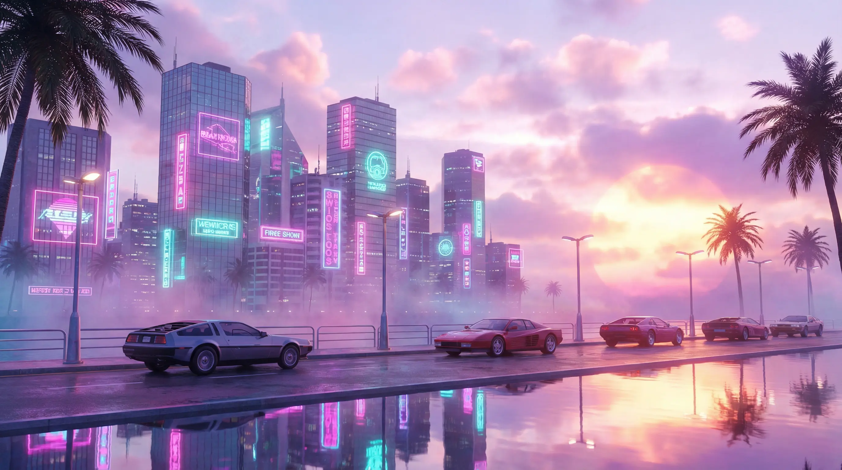 Rua da cidade neon em estilo vaporwave