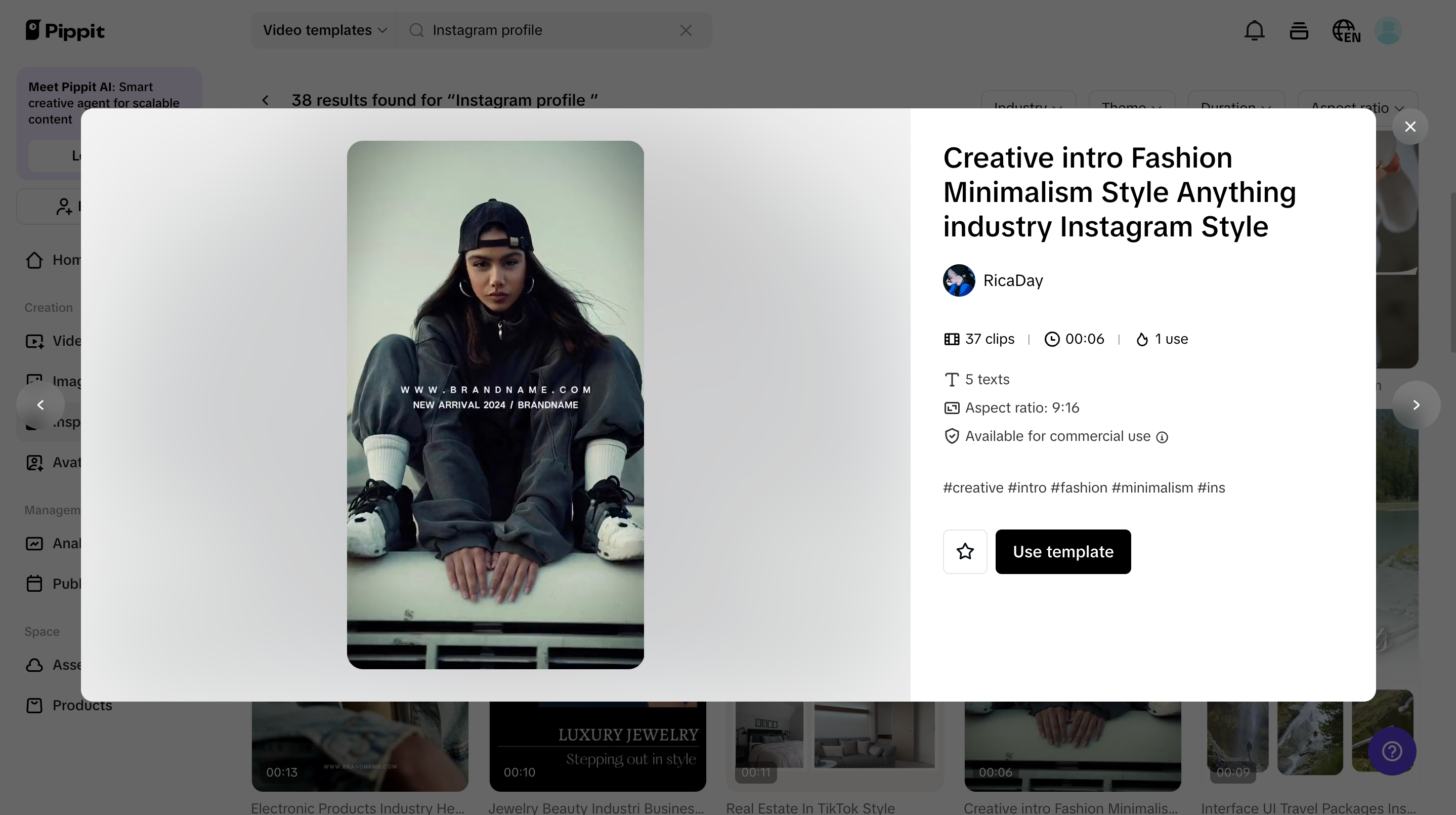 using template for Instagram post in Pippit
