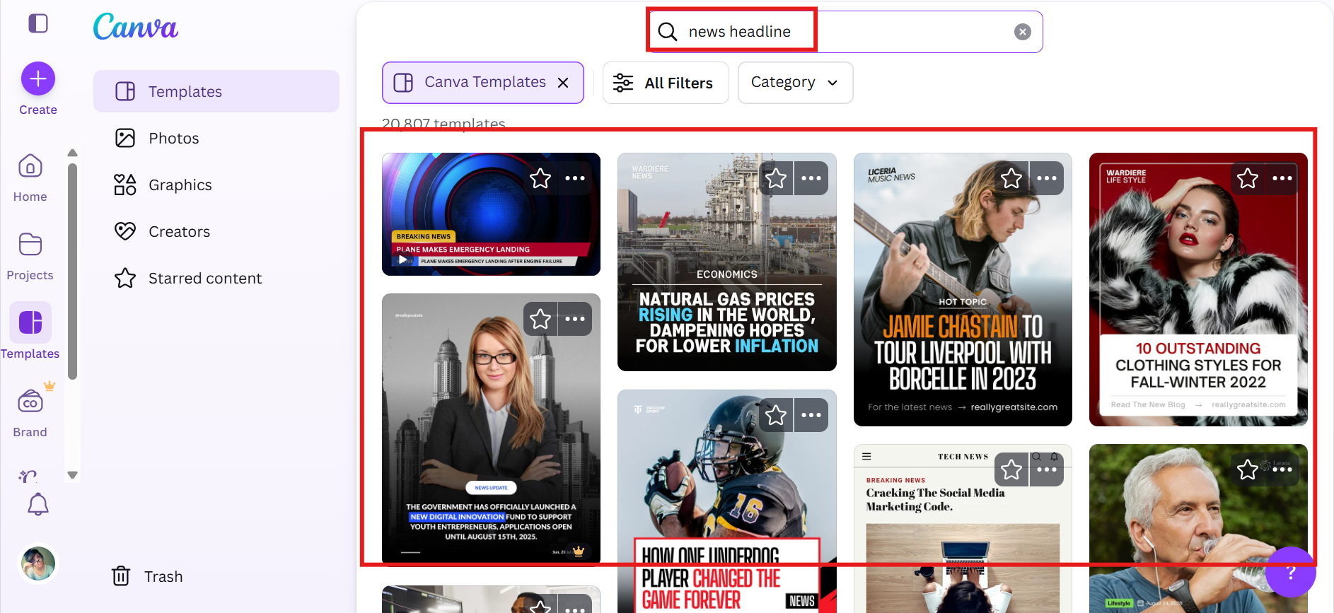 Launch Canva and browse news headline templates