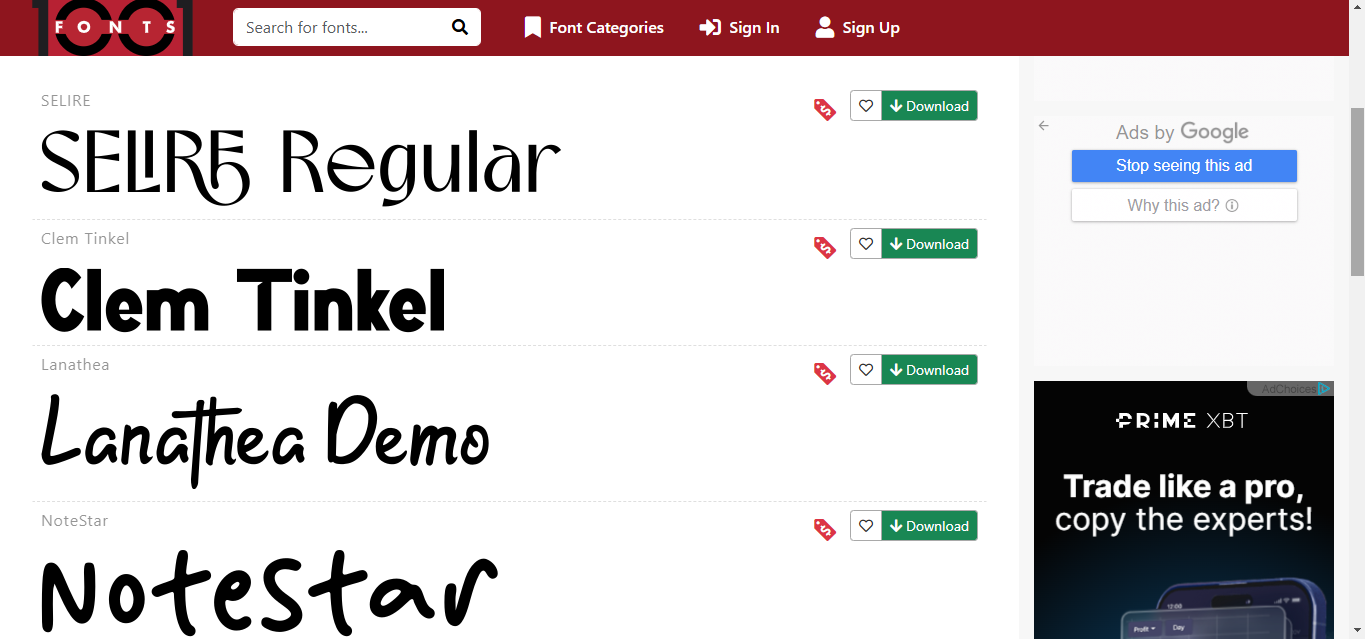 Interface of 1001 Fonts - a well-known platform to get  stylish handwriting fonts