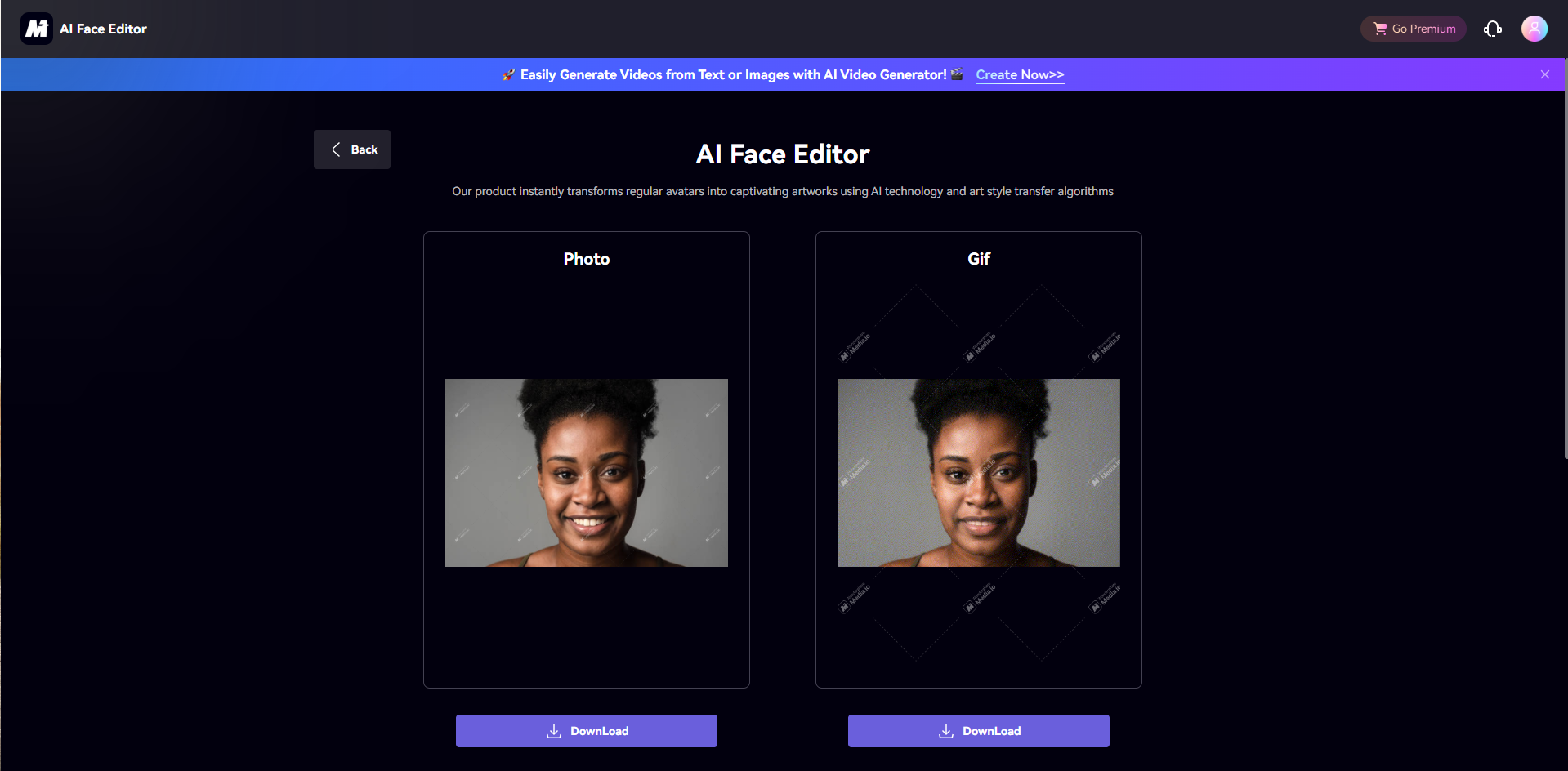 Interface of Media.io - a versatile face photo editor