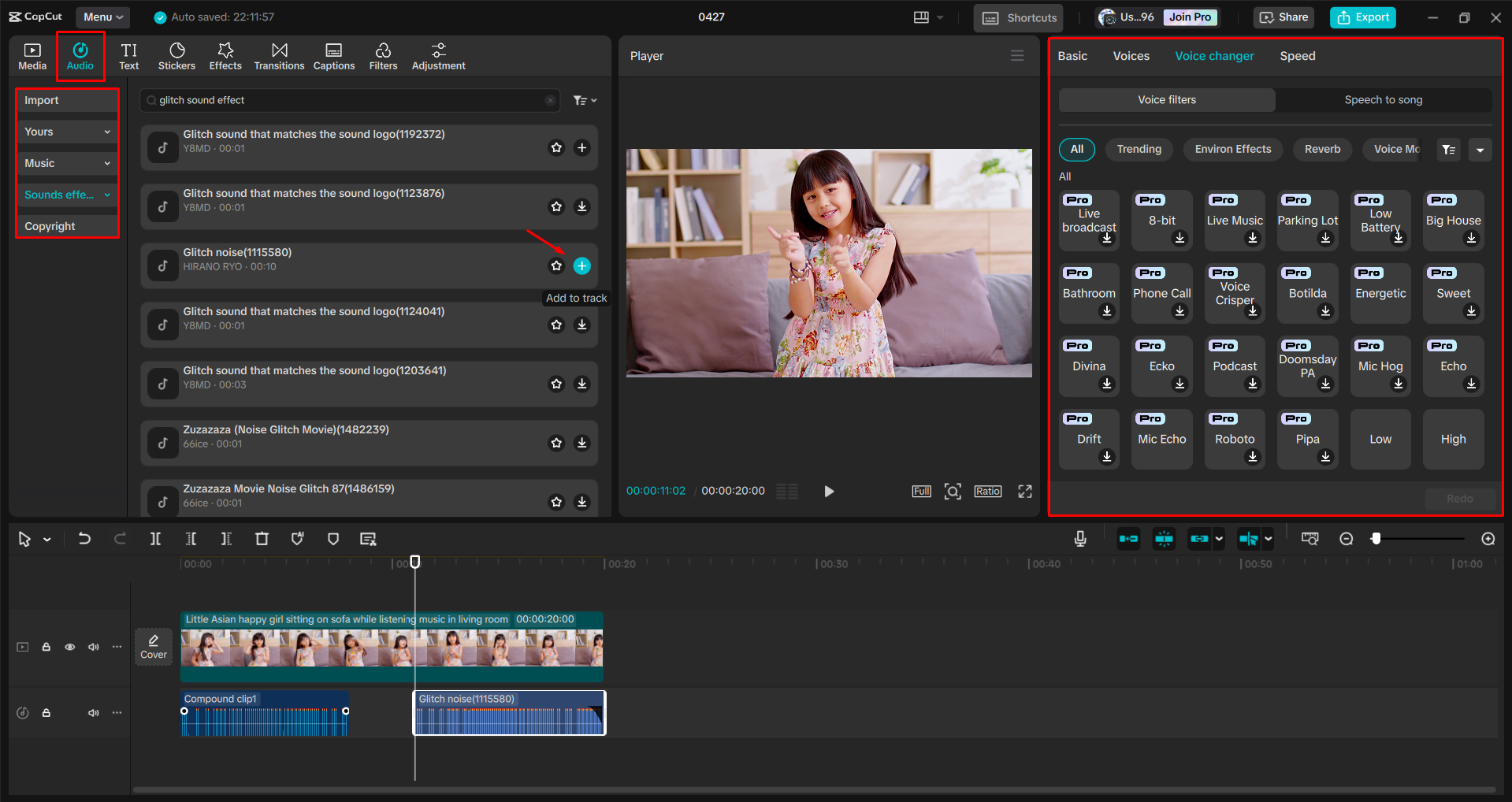 Adding a glitch sound effect to a video with the CapCut desktop video editor