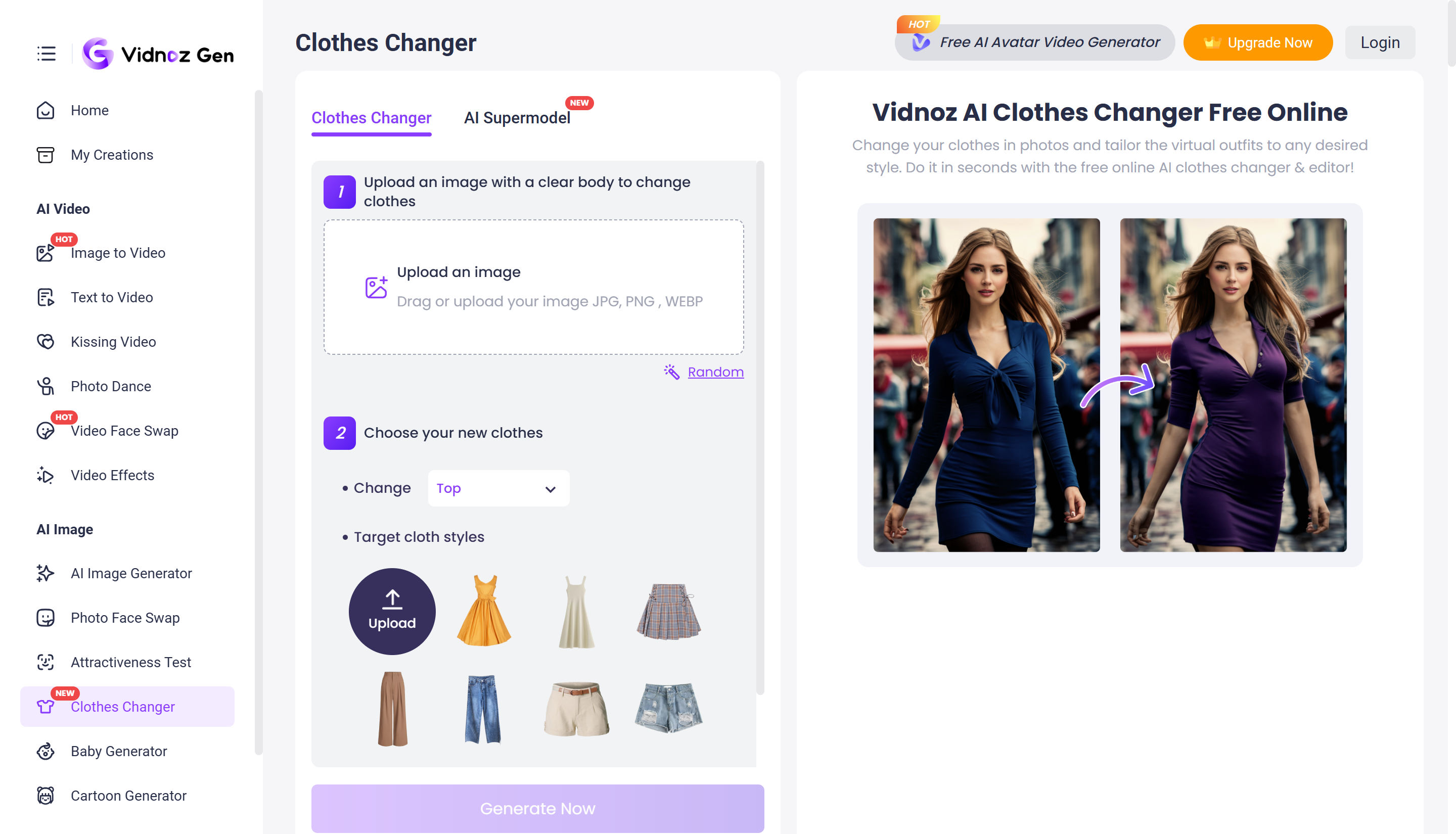 Rozhraní Vidnoz AI - vysoce efektivní editor fotografií oblečení