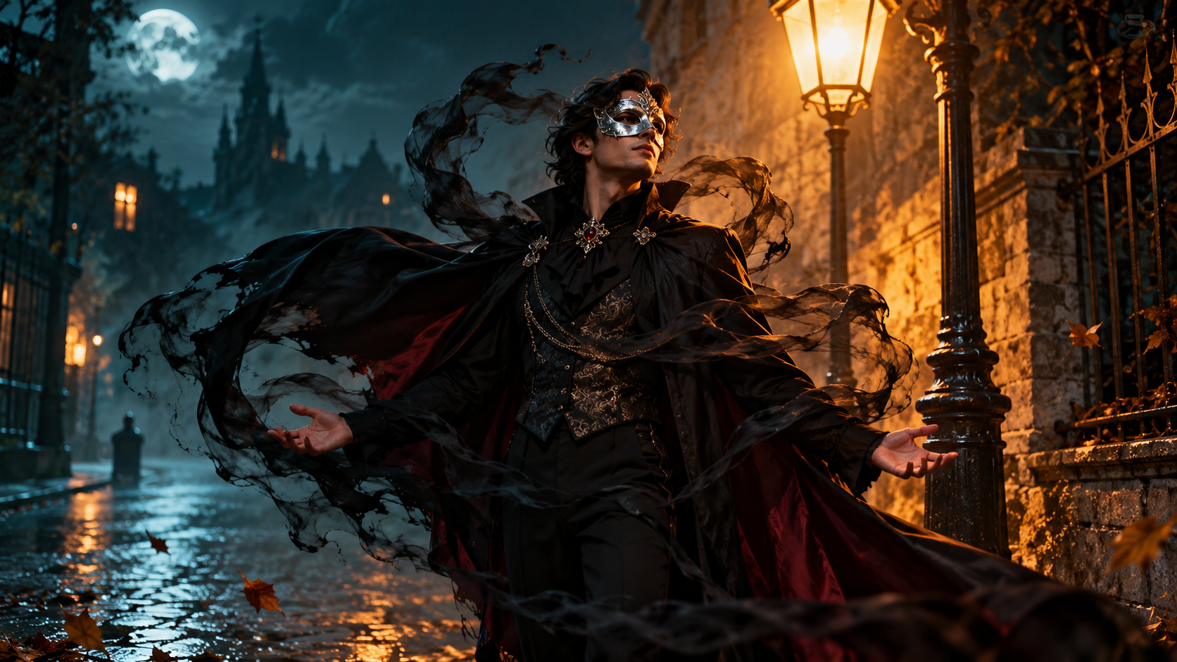 solo Halloween AI video: Adult Standing Under a Streetlamp While a Shadowy