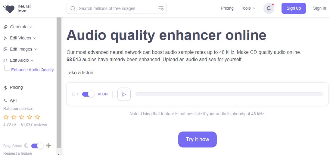 Interface of Neural Love - the popular  Podcast voice enhancer