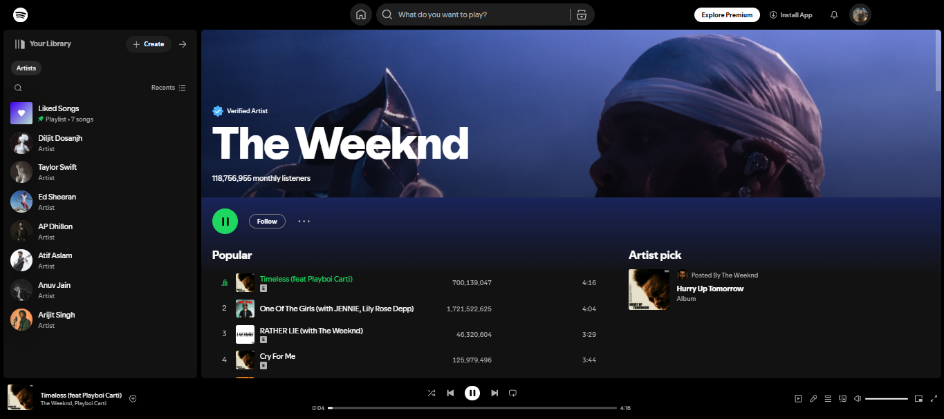 The Weeknd - reconocido como uno de los 100 mejores artistas mundiales de Spotify