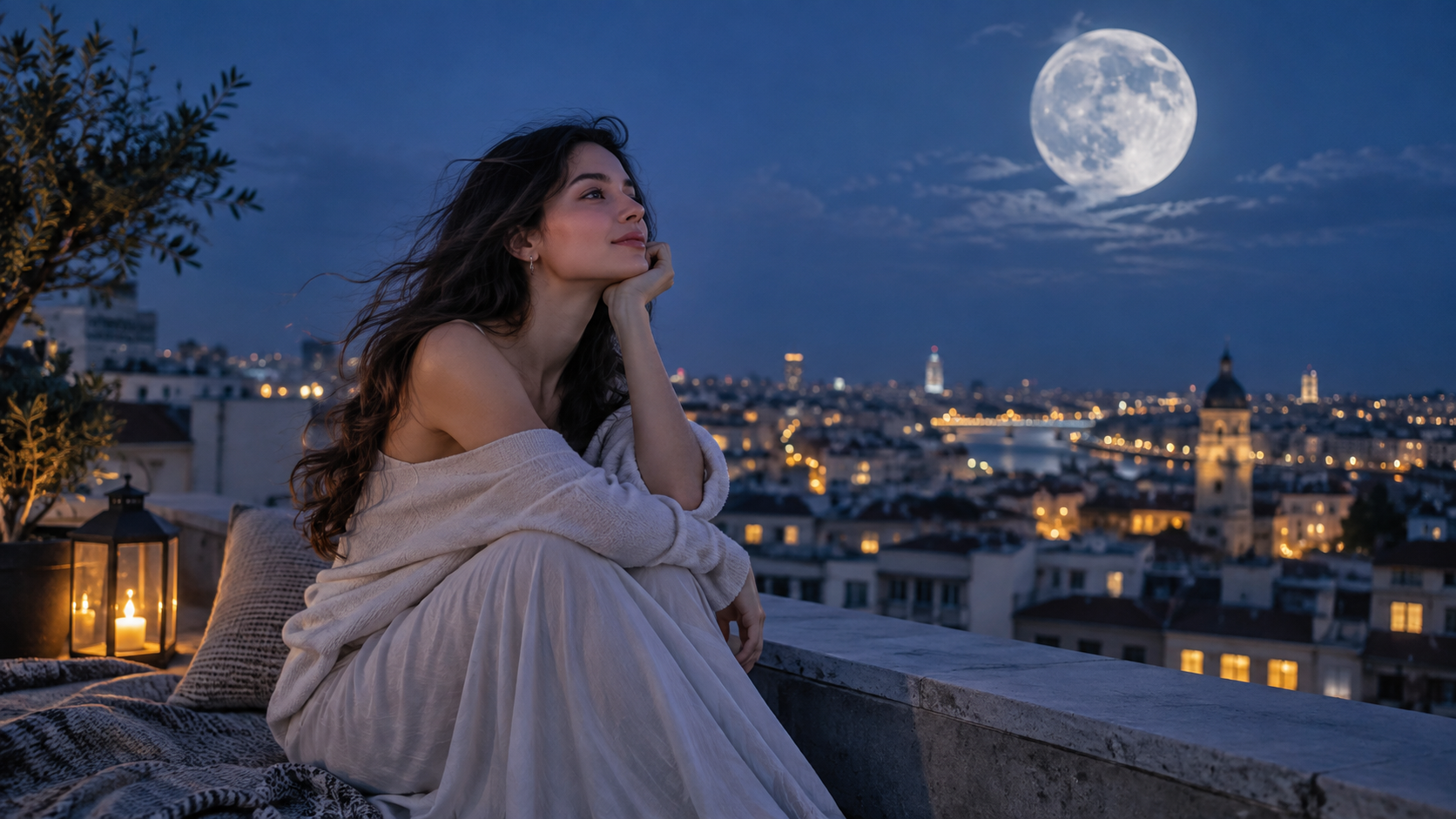 a dreamy rooftop moon portrait reference prompt result