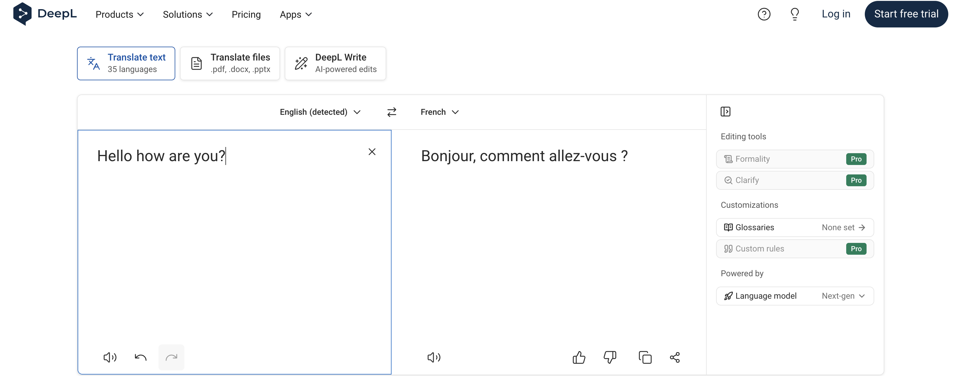DeepL Translator online English to French translation