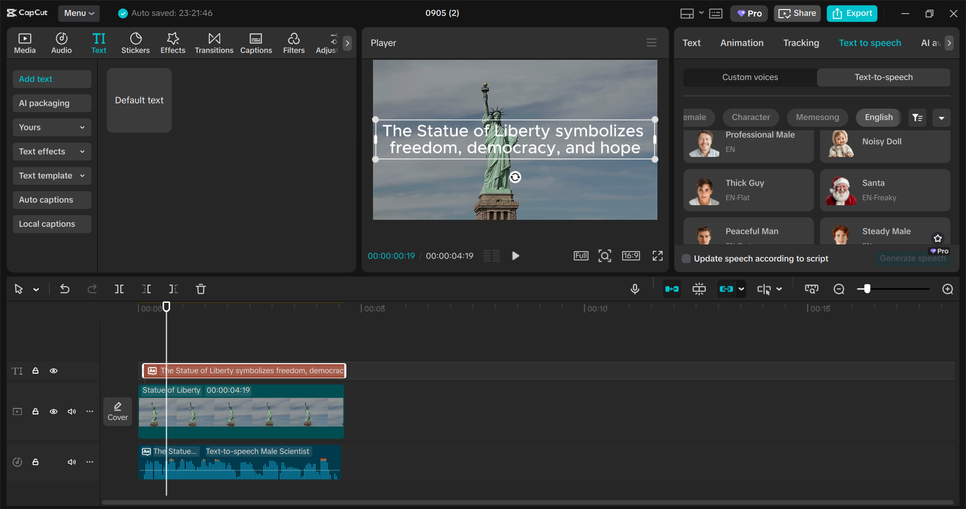 Rozhraní editoru videa pro stolní počítače CapCut - nejlepší nástroj pro konverzi textu na řeč