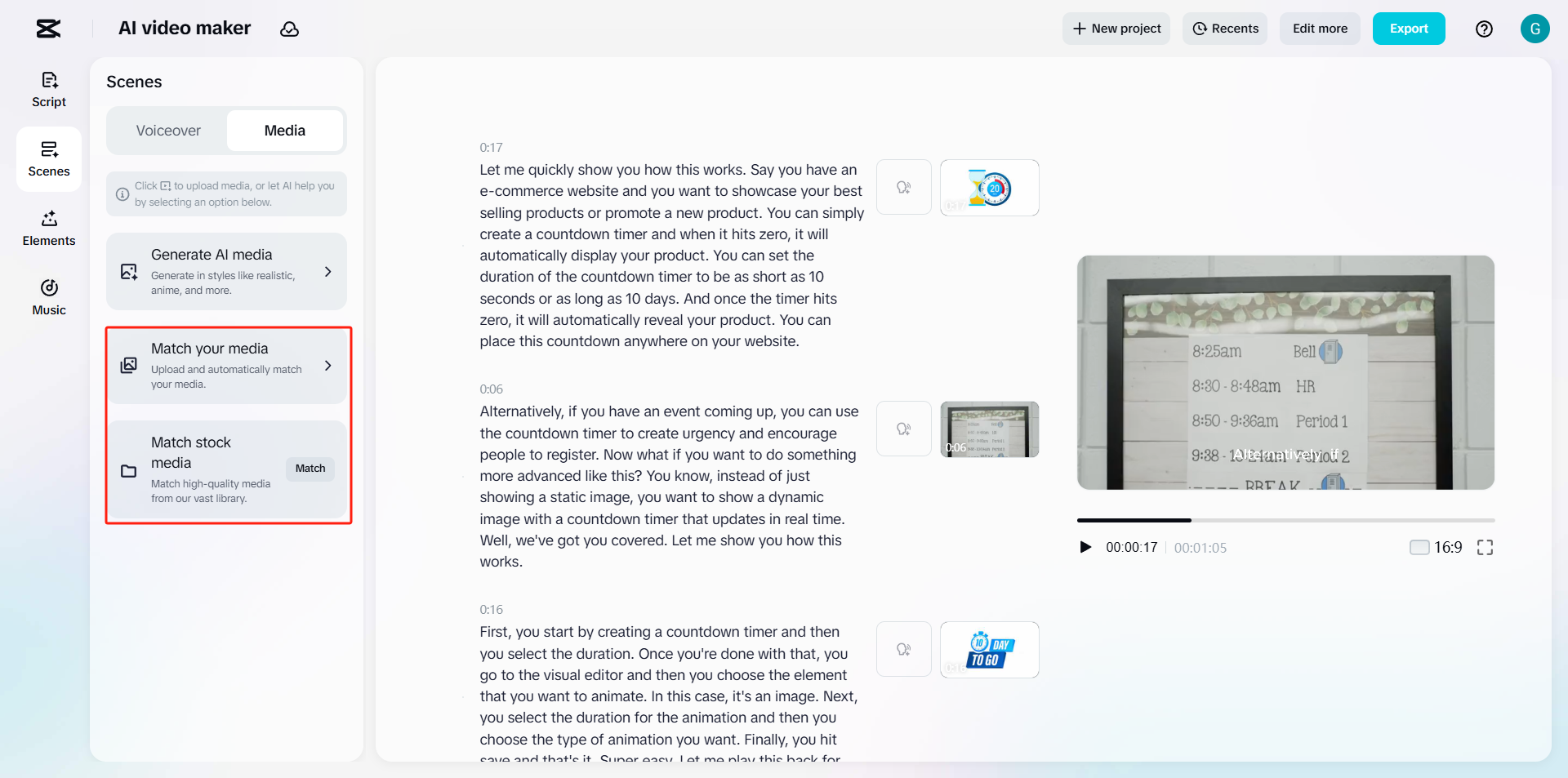Match stock media to all scenes
