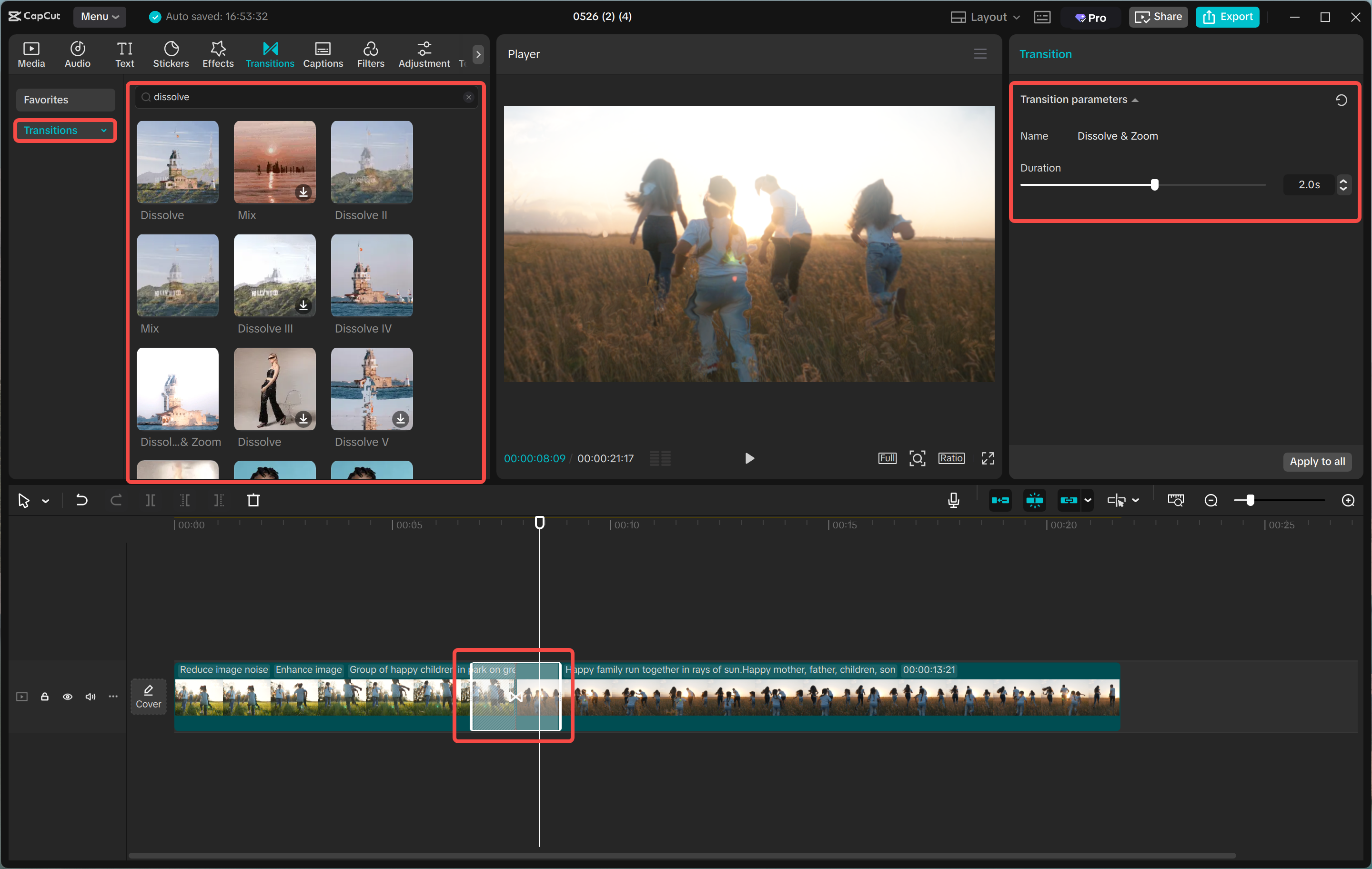 Applying a dissolve effect to a video in the CapCut desktop video editor