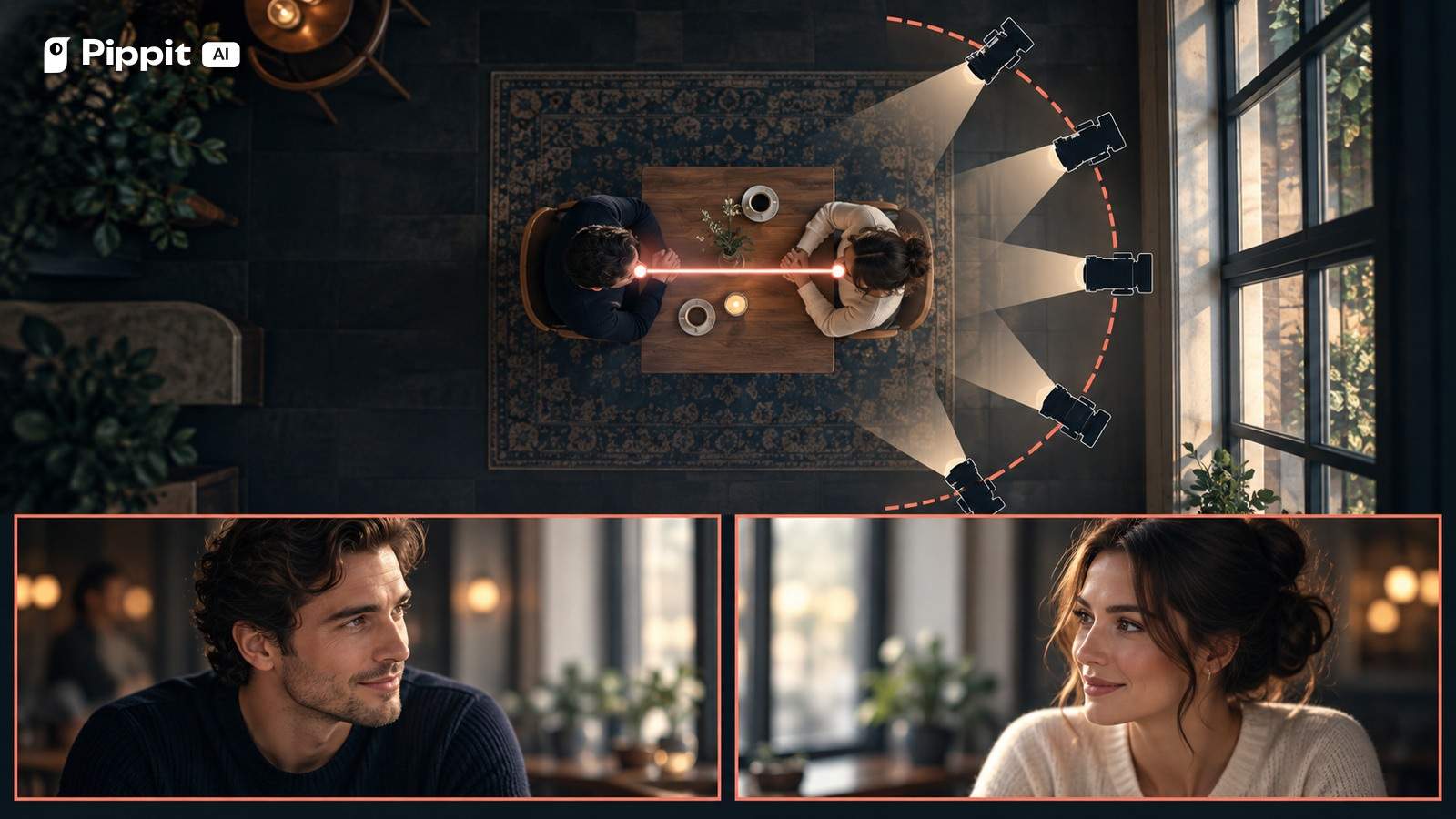 An overhead cafe map connects one dialogue axis to four cameras and two matching reverse close-ups.