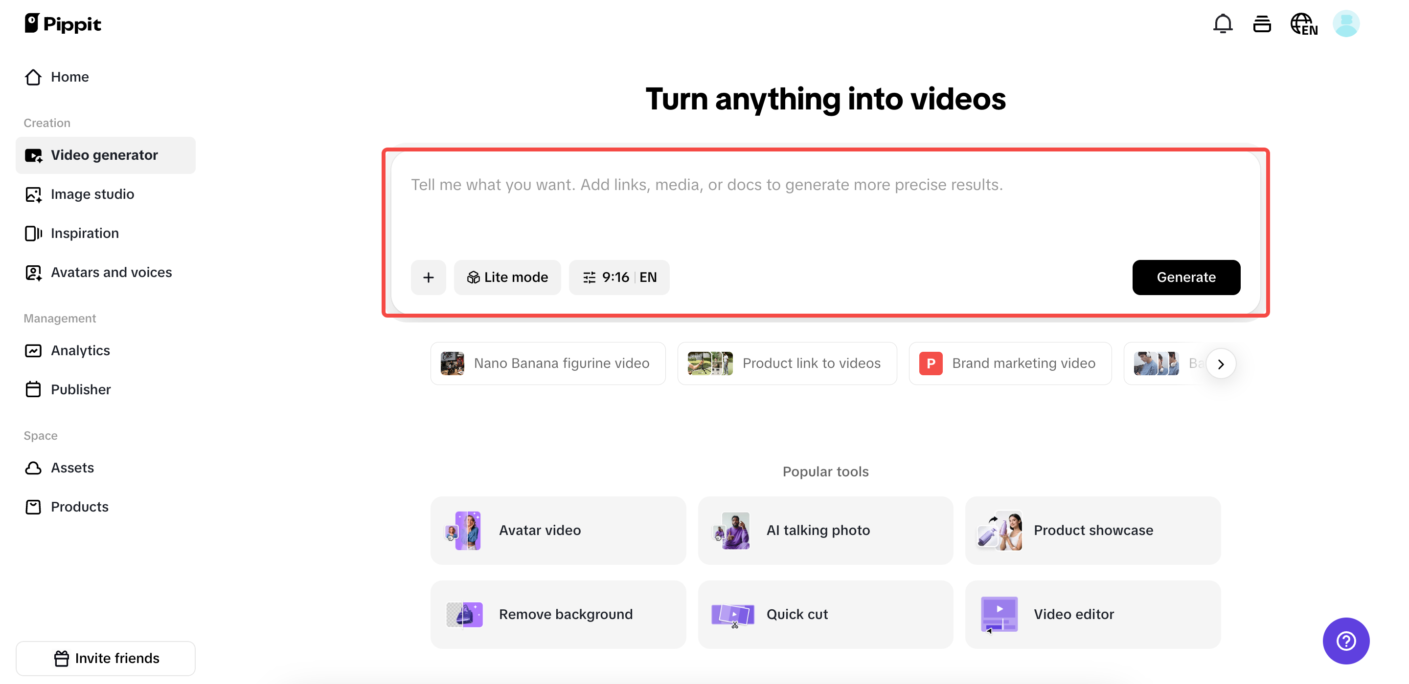 Go to the "video generator" interface