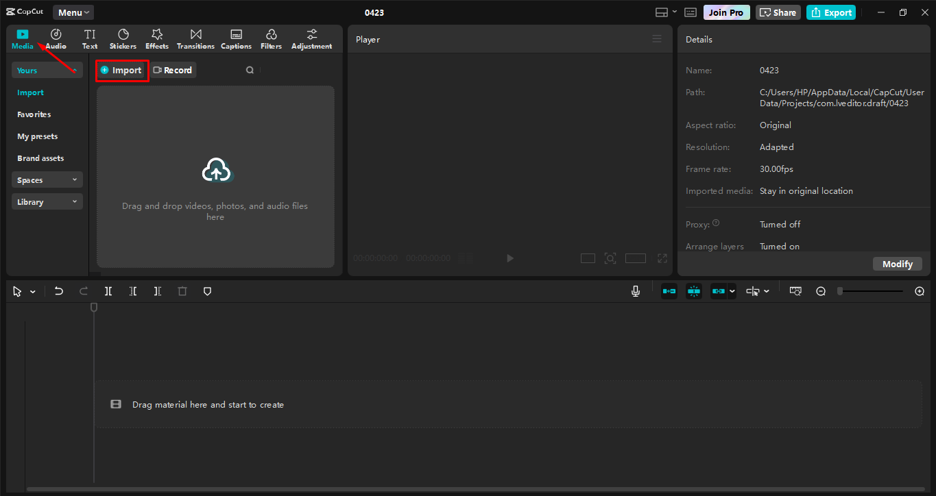 Importa video nell' CapCut editor video desktop