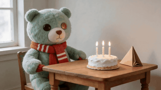 Plush bear in a red scarf sits beside a birthday cake with three lit candles on a table