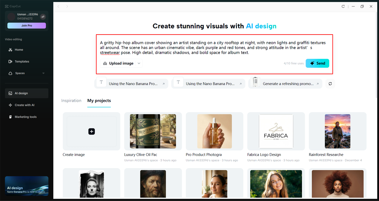 Accessing the AI design tool in the CapCut desktop video editor 