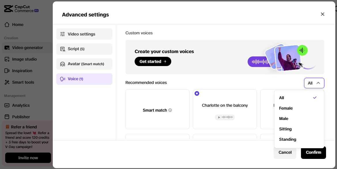 Pippit advanced voice settings for faceless content creation, featuring custom voice options and filters.