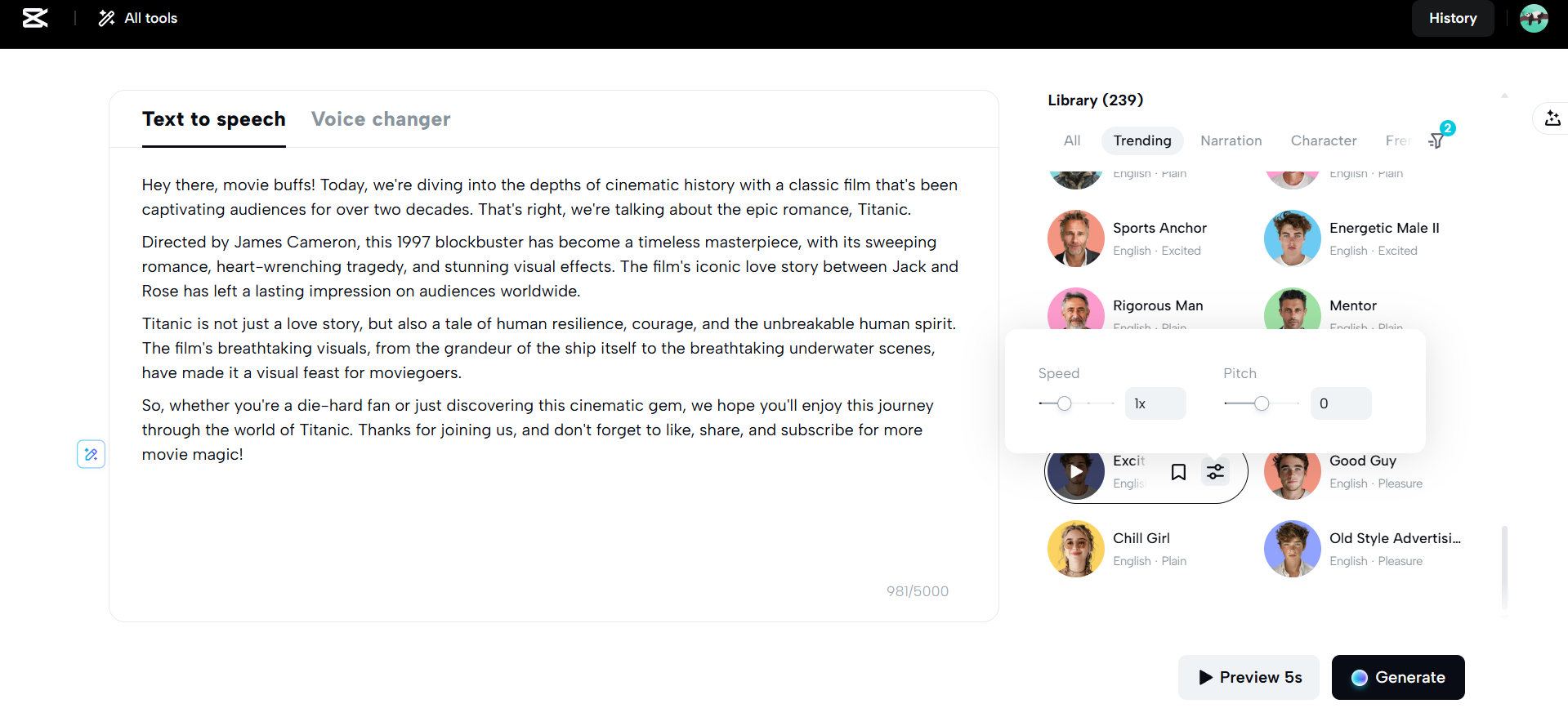 Adjust the speed and pitch and click on the preview
