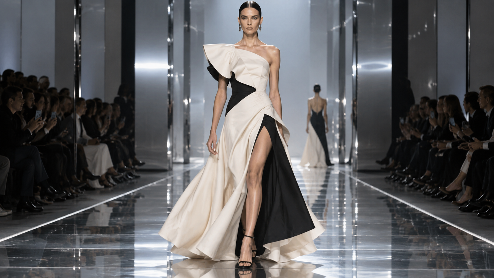 a high-fashion editorial set spanning runway architecture, flash-lit street style, and documentary backstage detail