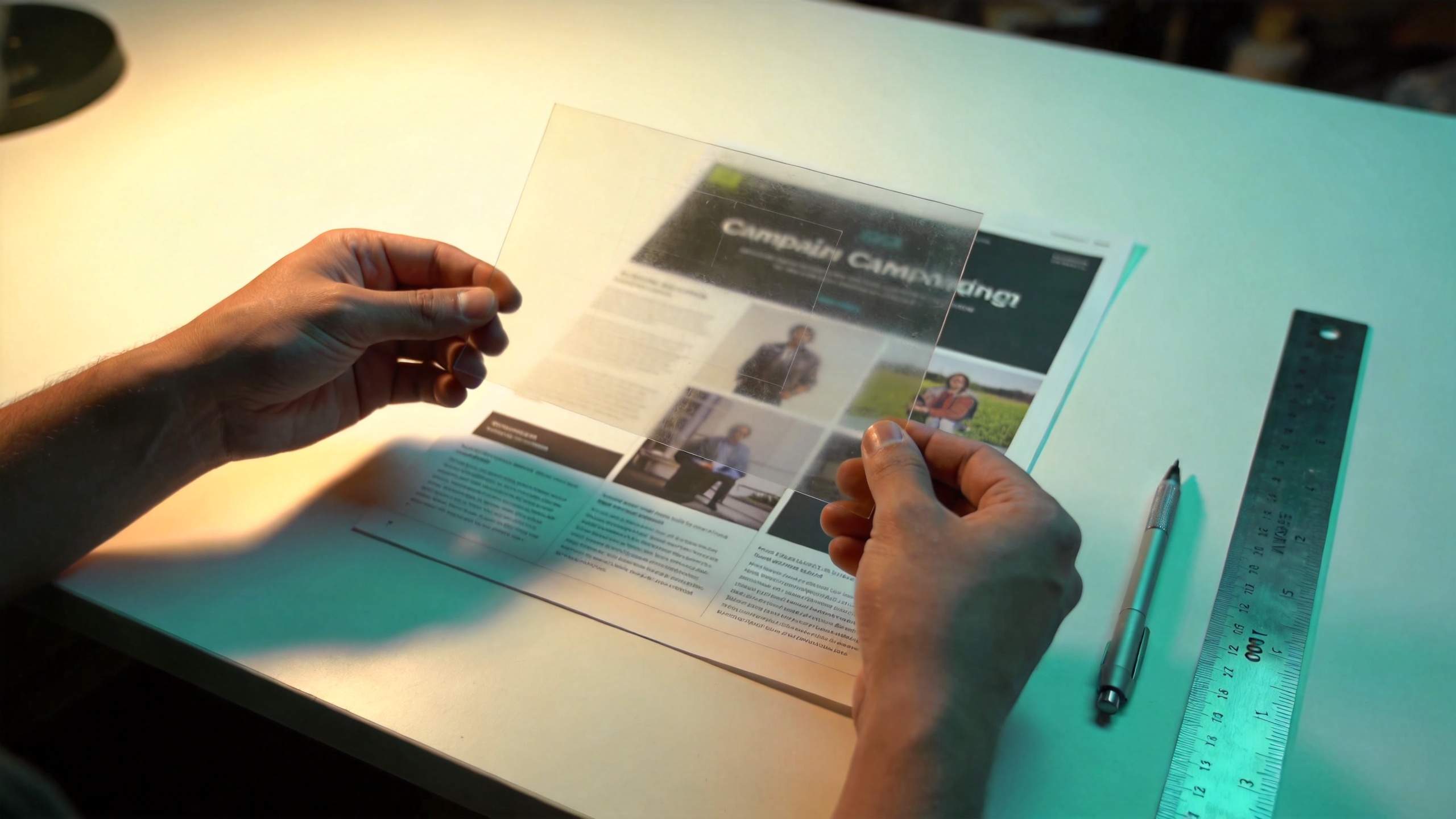 Hands align a transparent sheet over a brand layout on a desk with ruler and pen