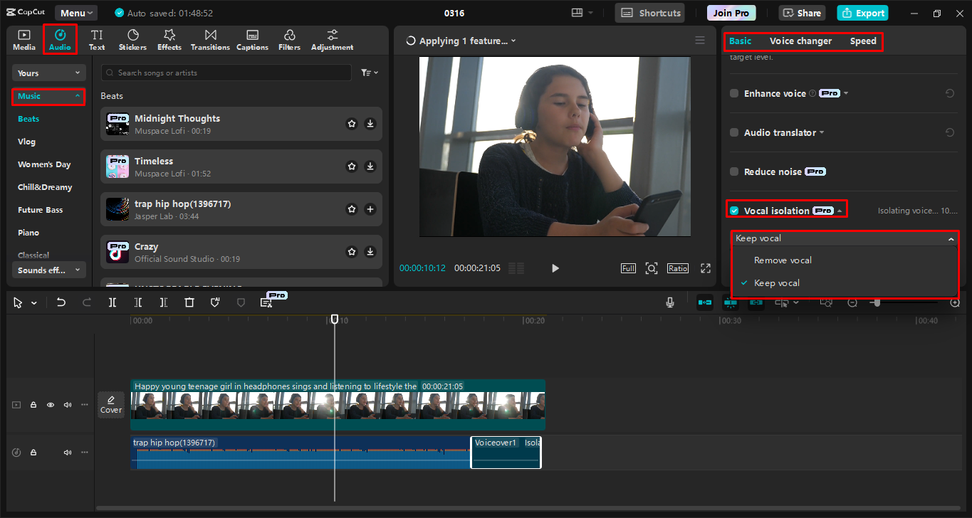 Adding and enhancing music using the CapCut desktop video editor