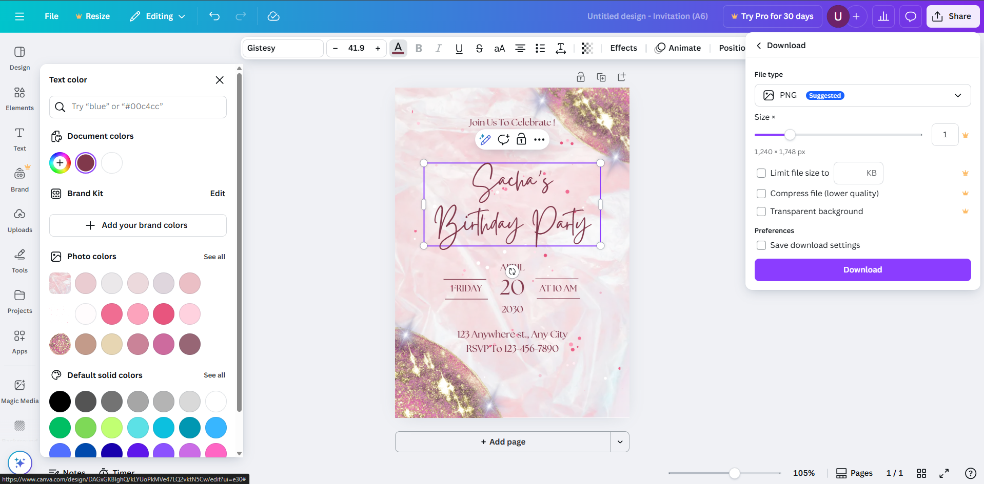Descargar la tarjeta de invitación desde Canva