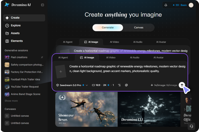 A screenshot of Dreamina's Create dashboard