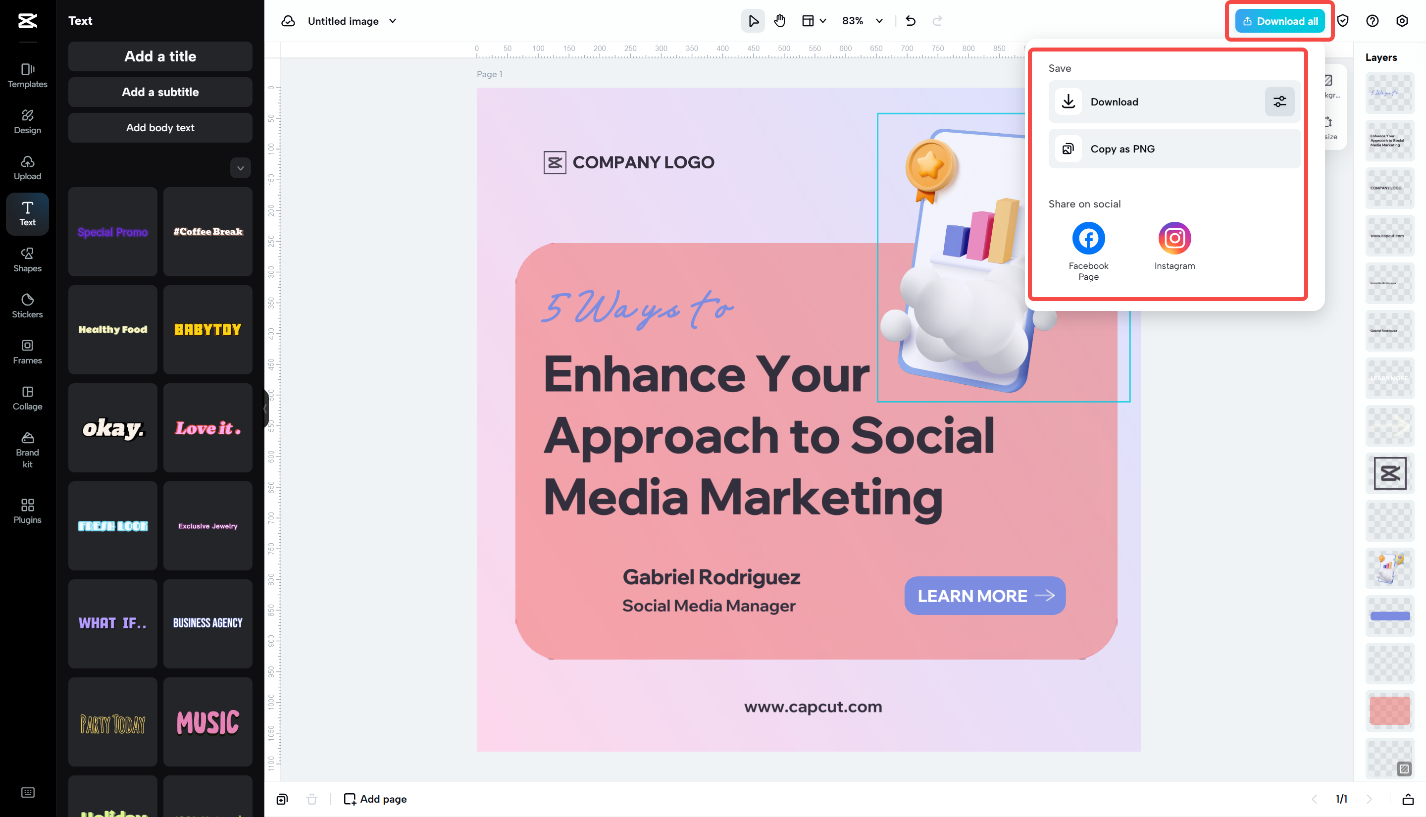 Exporting social media posts from CapCut Web