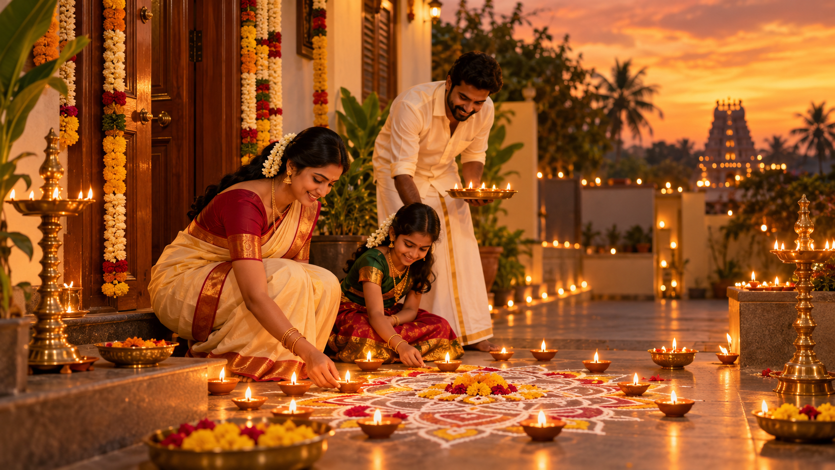 Karthigai Deepam AI photo prompts: Family Kolam and Lamps