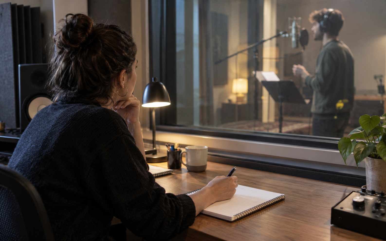 An assistant keeping a paper take log beside a recording-room window, pen poised over blank ruled notebook, microphone visible beyond glass.