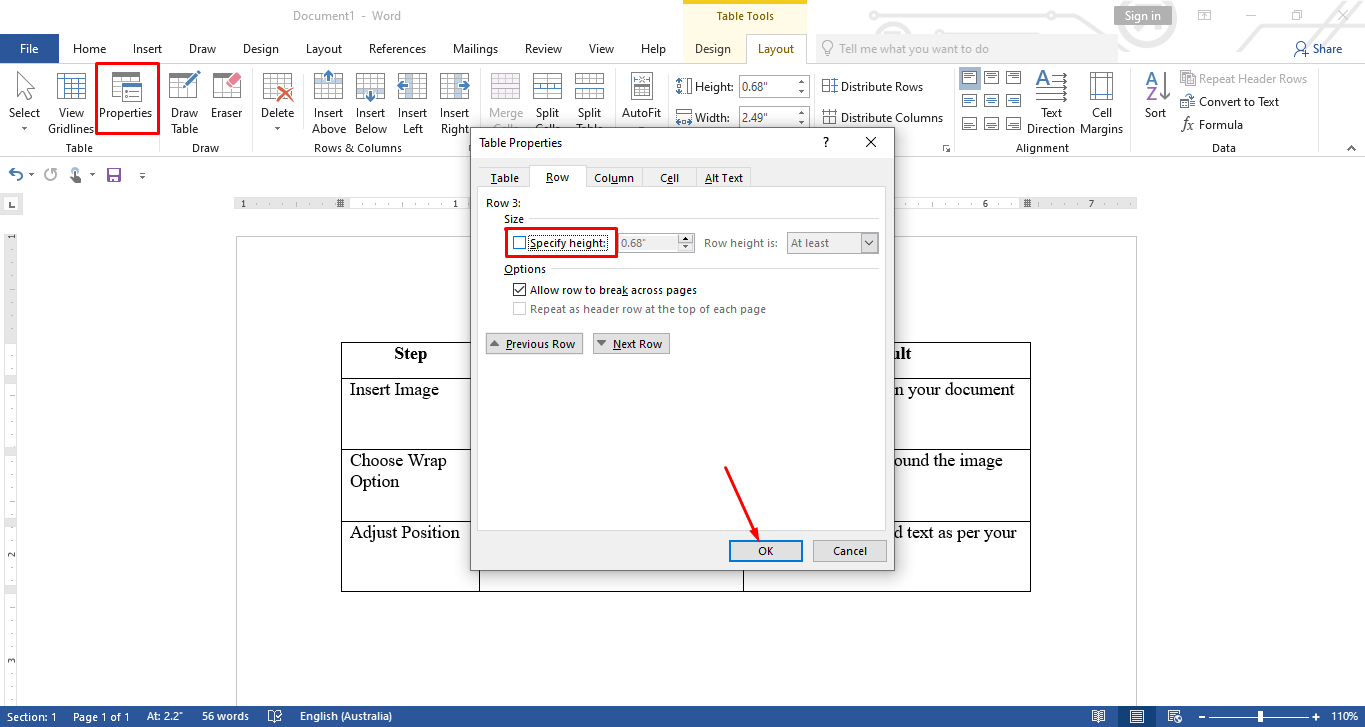 Accessing table properties wrap a word in a table on Microsoft Word