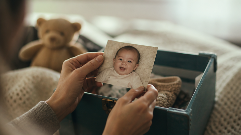 Baby då och nu snabb exempel 1 - Auktoriserat babyfoto som löses upp i ett aktuellt familjemoment
