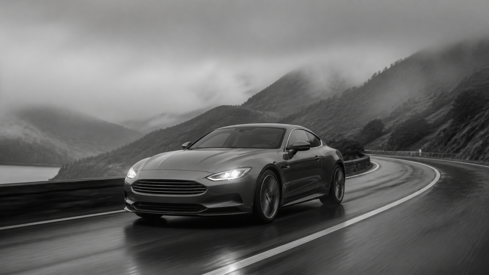 Exemplo de prompt de foto de carro de luxo IA preto e branco 3 - variação cinematográfica de foto de carro de luxo preto e branco