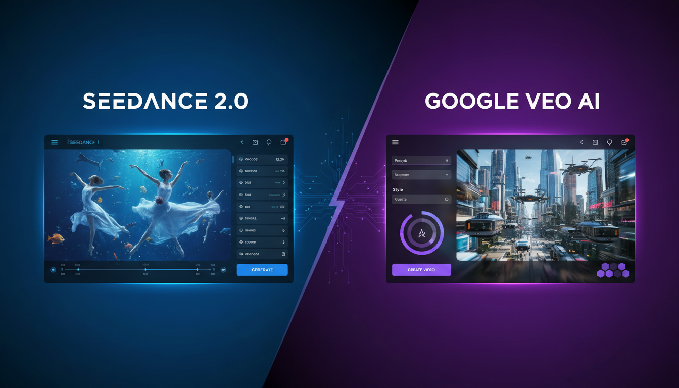 seedance_vs_veo_ split-screen hero poster: Seedance 2.0 vs Google Veo, cinematic frames on blue-purple tech gradient.