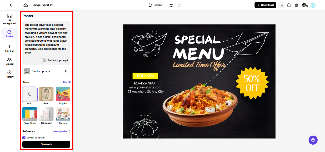 Sales poster tool in Pippit