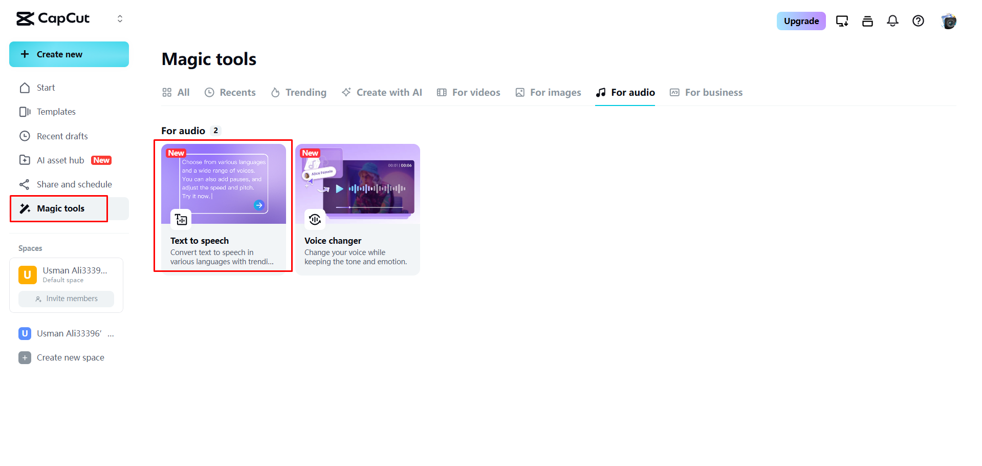 Iniciando a ferramenta de texto para fala do CapCut Web