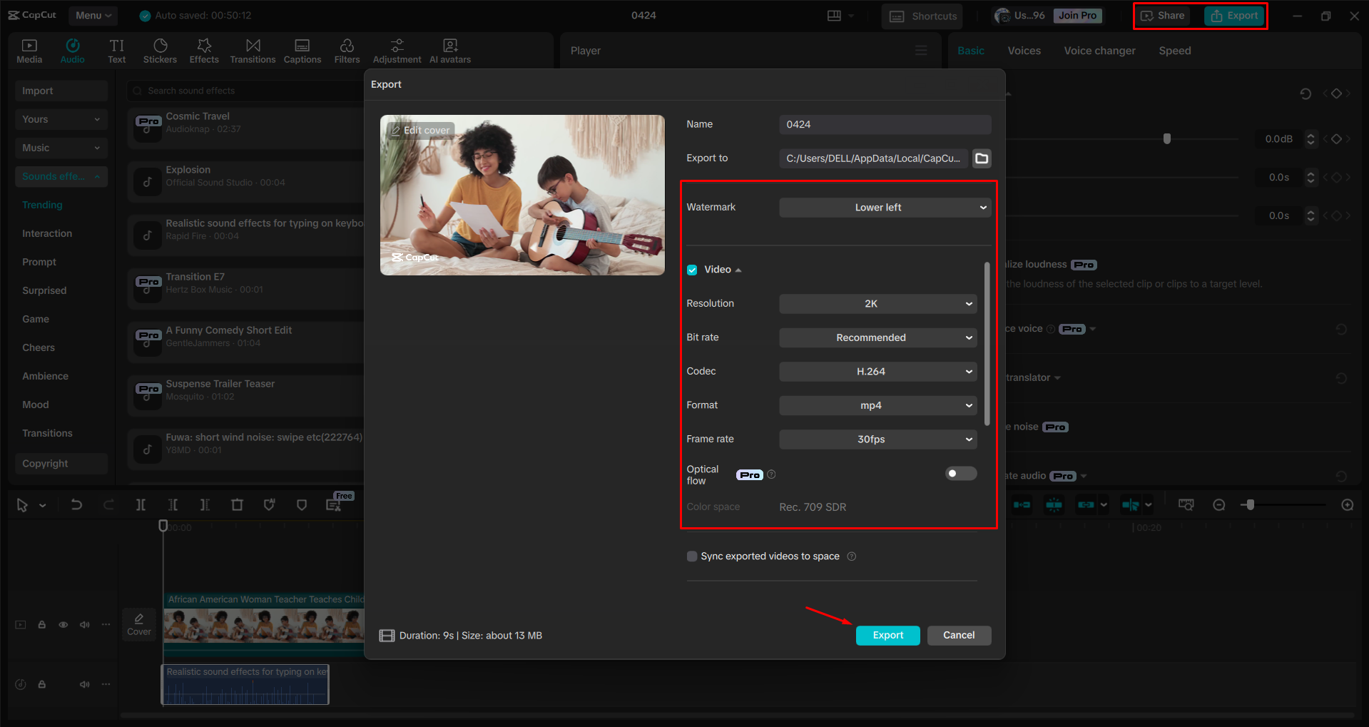 Exporting a video from the CapCut desktop video editor