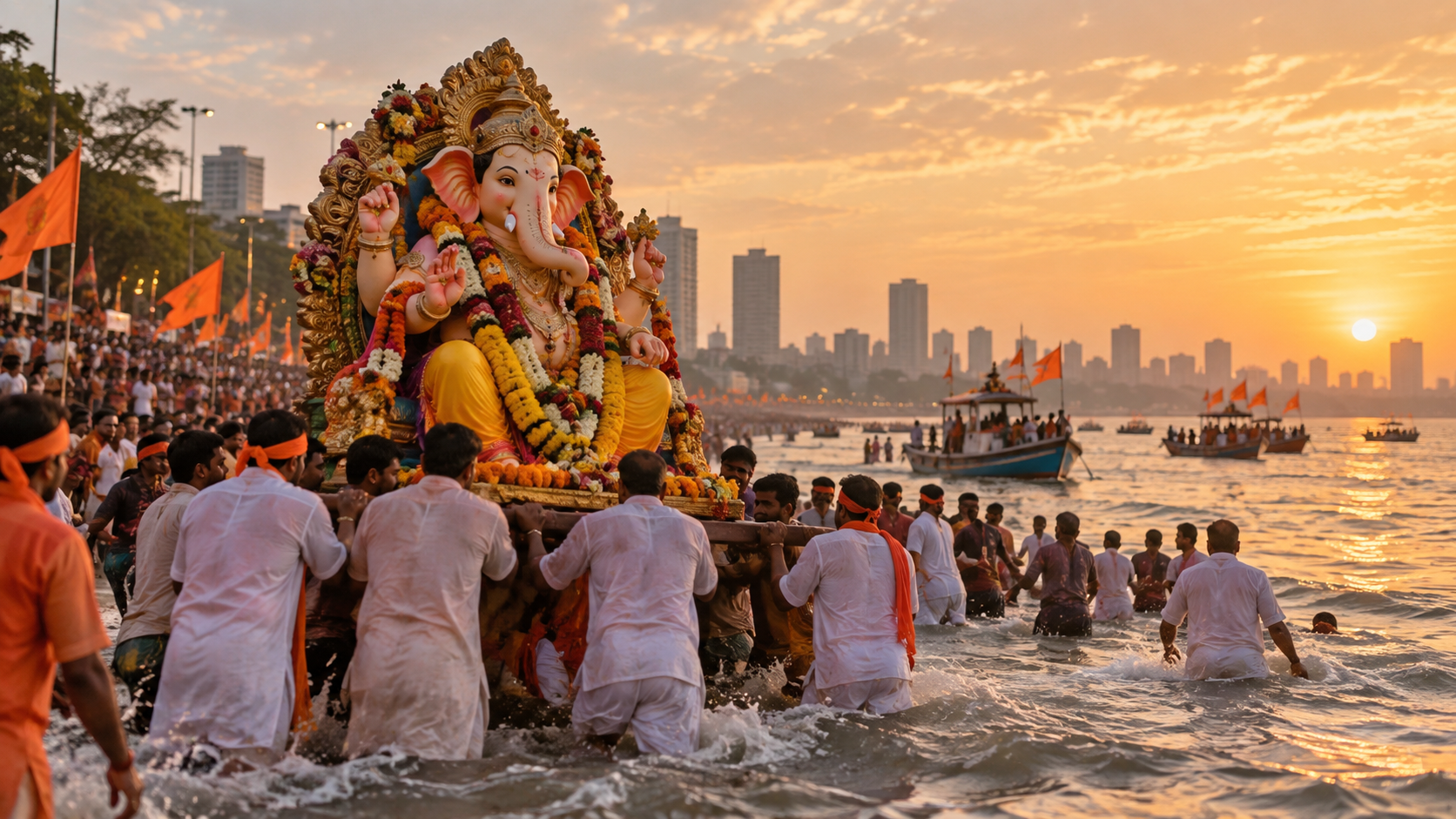 create a respectful ganesh visarjan procession with flowers, drums, water reflections, community movement, and a dignified cinematic rhythm
