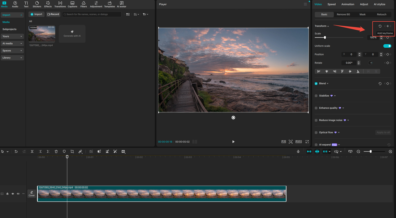 Add Keyframe in CapCut PC