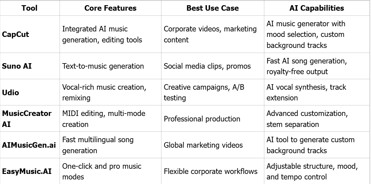 AI Music Tools Comparison Table